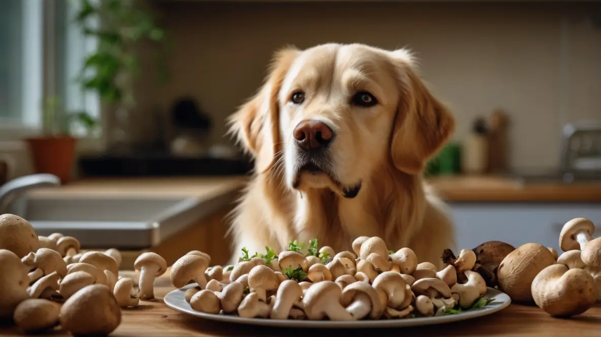 Can Dogs Eat Mushrooms? Curious Dog Observes a Plate of Mushrooms