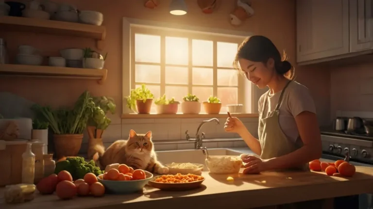 A woman in a cozy kitchen making cat food at home while a fluffy cat sits nearby on the counter, surrounded by fresh vegetables.