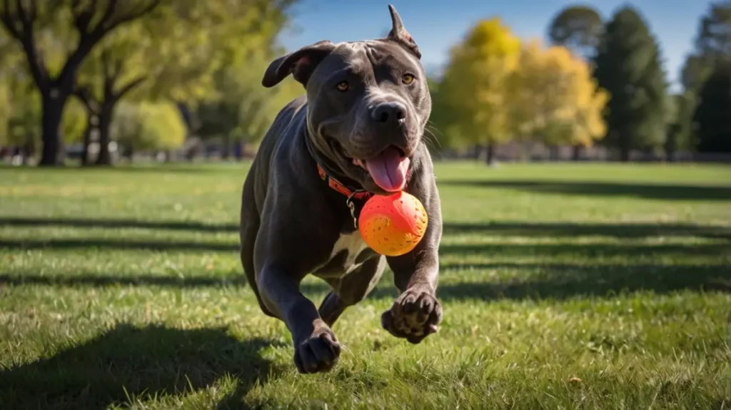  A Cane Corso Pitbull Mix running energetically across a field with a bright orange ball in its mouth.