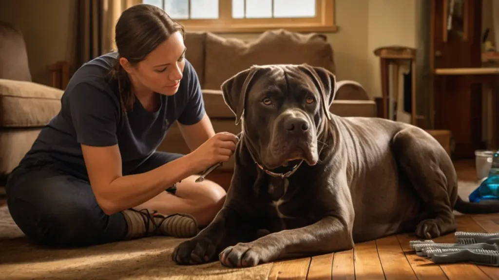 A woman sitting on the floor caring for a large Cane Corso Pitbull Mix dog in a cozy living room.