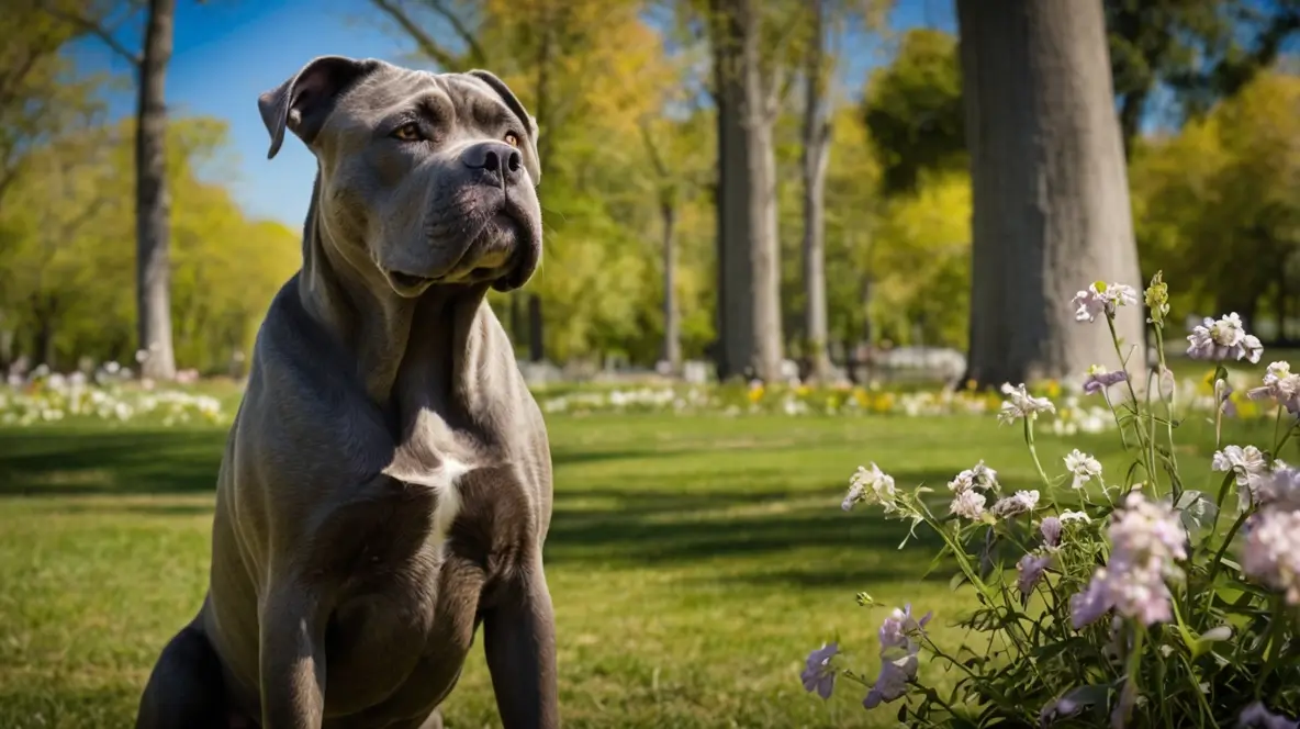 A Cane Corso Pitbull Mix standing proudly in a park near blooming flowers on a sunny day.