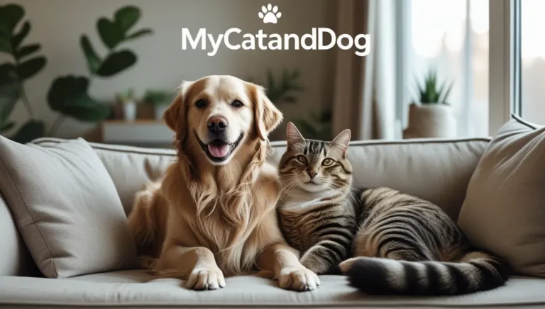 A cat and dog relaxing together on a beige couch in a cozy living room with green plants in the background.