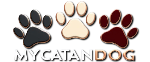 mycatandog logo about featuring three paw prints in black, beige, and red, with the text 'MYCATANDOG' beneath them on a black background