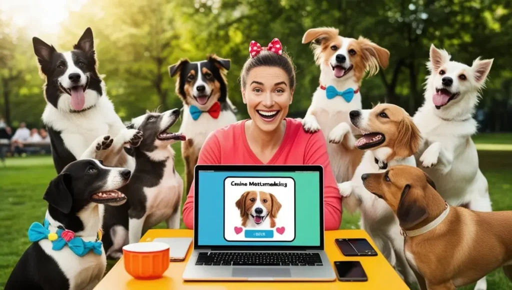 A cheerful woman surrounded by dogs wearing bow ties, with a laptop displaying "Canine Matchmaking," helping each dog find their perfect dog mate.