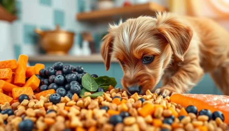 A small puppy inspecting a variety of fresh ingredients like blueberries, carrots, and kibble on a table, showcasing the premium quality of Next Level Dog Food.