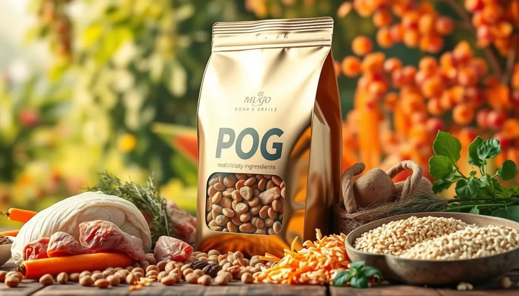 A sleek gold bag of Next Level Dog Food labeled "POG" surrounded by fresh ingredients like grains, carrots, and herbs, set outdoors in a vibrant, sunny scene.