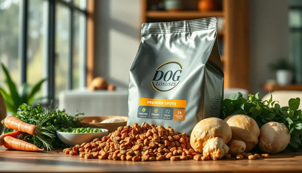 A premium bag of Next Level Dog Food labeled "DOG Loxuses" displayed with fresh vegetables like carrots and mushrooms, symbolizing balanced nutrition in a modern home setting.