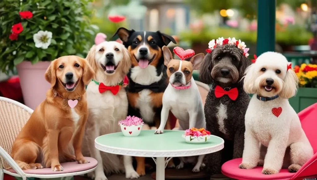 A group of six dogs wearing bow ties and floral accessories, sitting around a table with decorations, enjoying their time finding a perfect dog mate