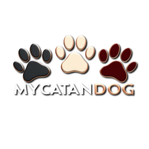 mycatandog logo in contact page featuring three paw prints in black, beige, and red, with the text 'MYCATANDOG' beneath them on a black background