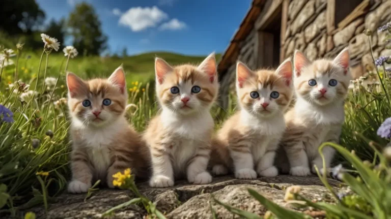 cat breeder scotland; A picturesque countryside scene with a stone house, vibrant flowers, and multiple cats on a lush green lawn.