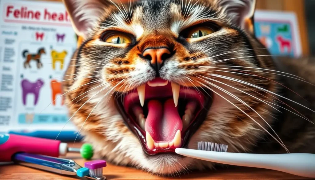 Close-up of a cat’s open mouth showing teeth, with dental care tools and a cat dental chart in the background.