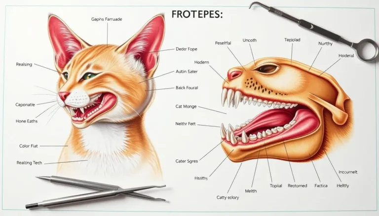 Illustrated cat dental chart showing labeled feline teeth and jaw anatomy.