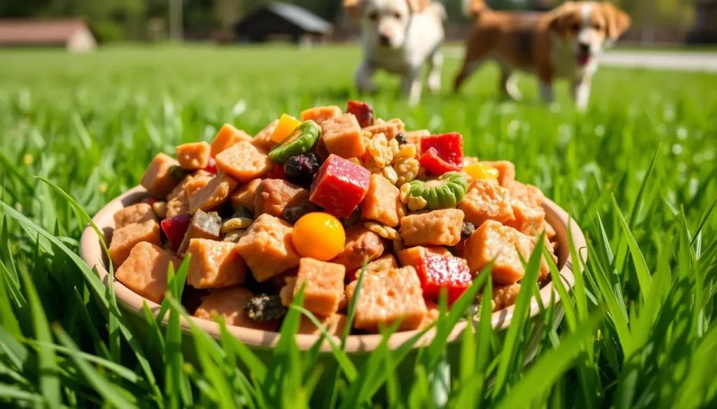 A bowl of colorful, fresh dog food placed on green grass, with two dogs in the background