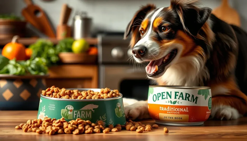 A happy dog sitting near two bowls of premium dog food, with fresh vegetables in the background.